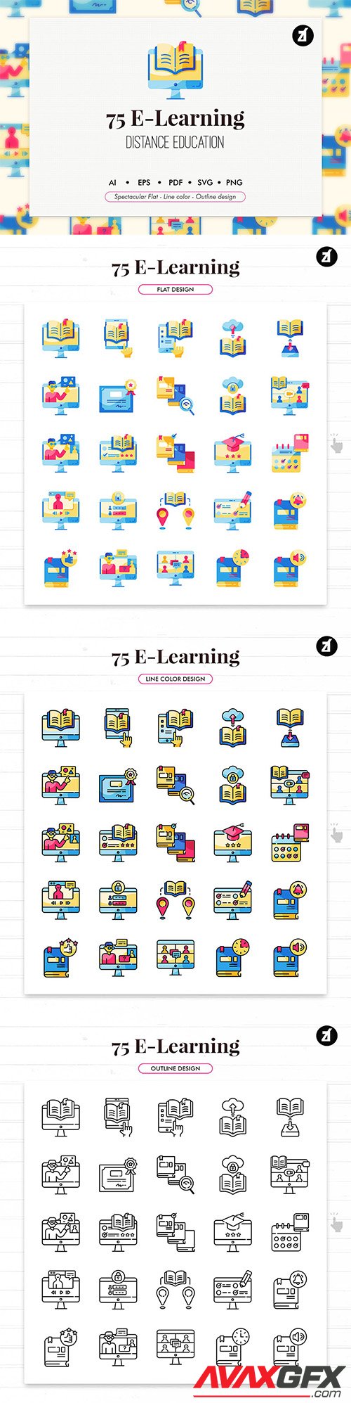 75 E-Learning elements icon pack