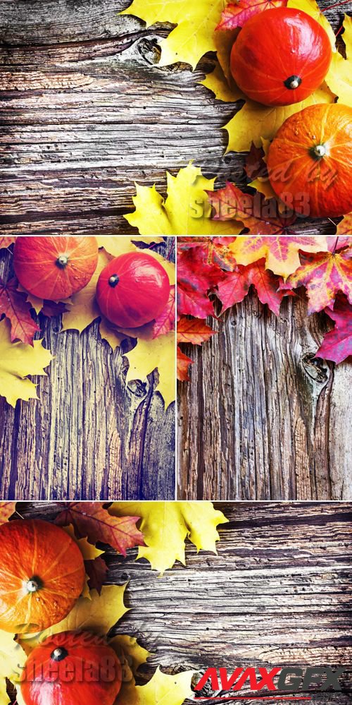 Stock Photo - Autumn Leaves on Wooden Background 7