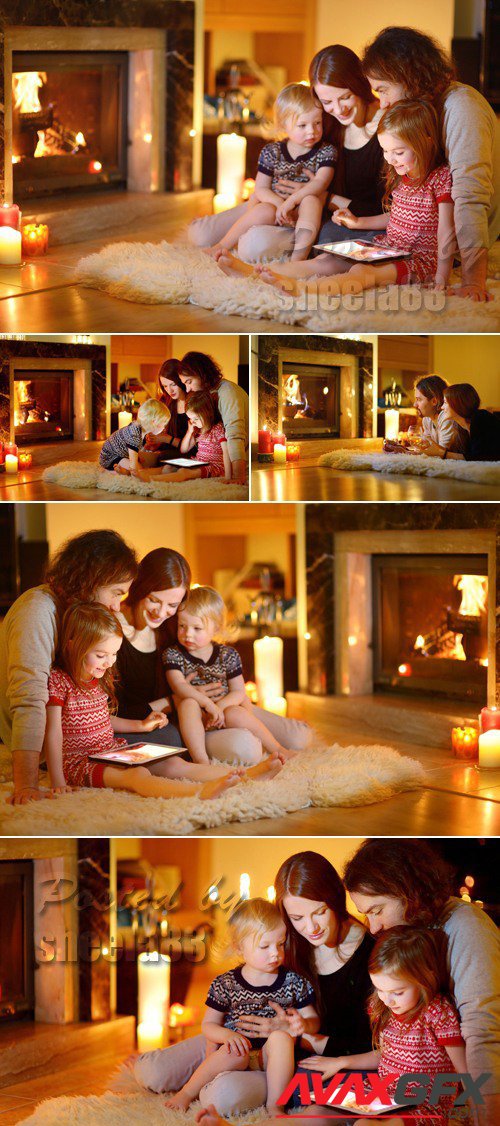 Stock Photo - Happy Family near Fireplace