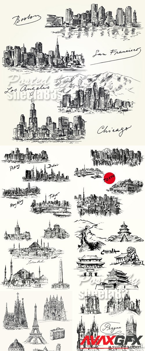 Hand Drawn Cities Icons Vector