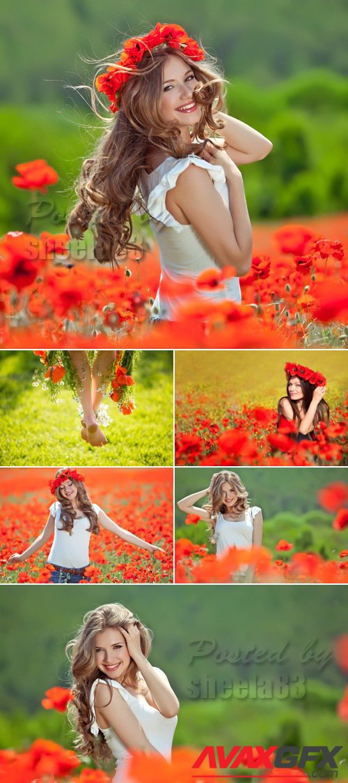 Stock Photo - Beautiful Woman on Poppy Field