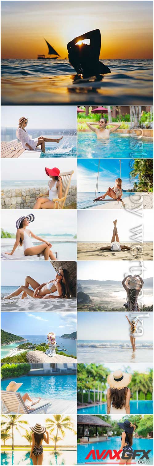 Girls on vacation by the sea stock photo set