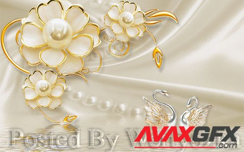 3D psd models dimensional luxury gold jewels flowers swan pearl wall background