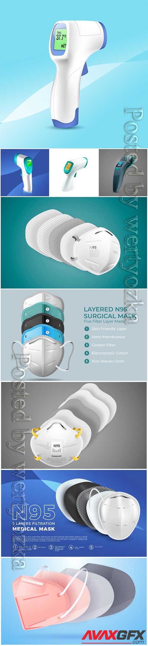 Realistic non-contact infrared thermometer, layered n95 surgical mask vector illustration