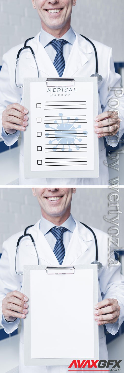 Smiley doctor holding a medical paper mock-up