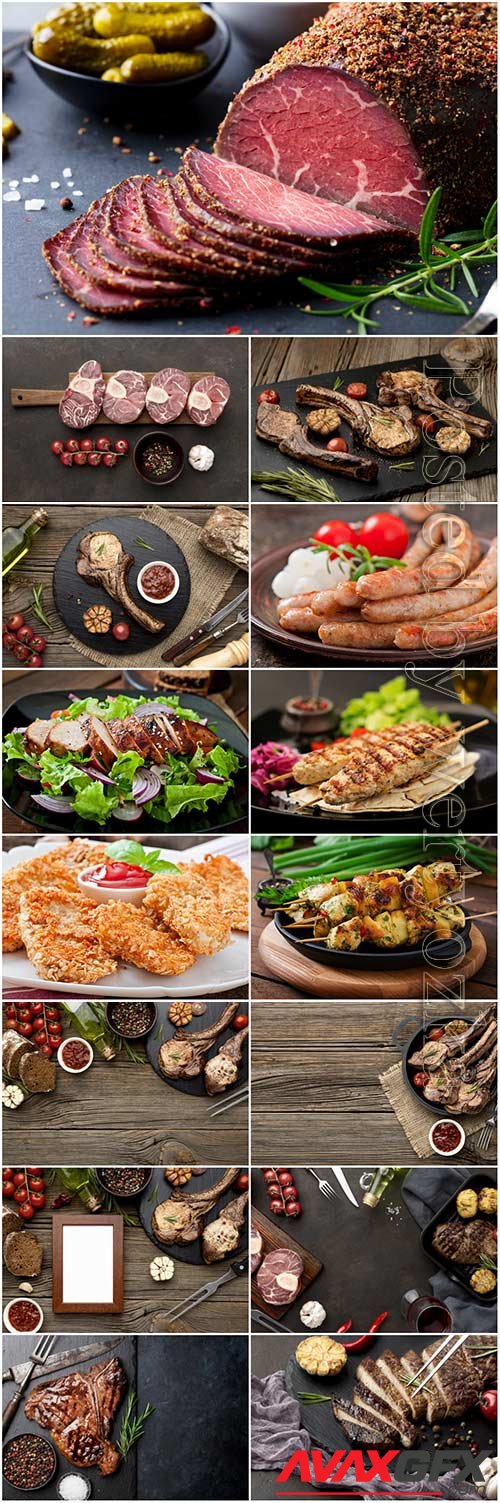 Delicious meat with sauce on wooden board stock photo set