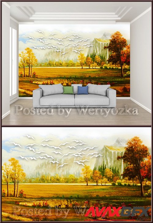 3D psd background wall landscape scenery oil painting