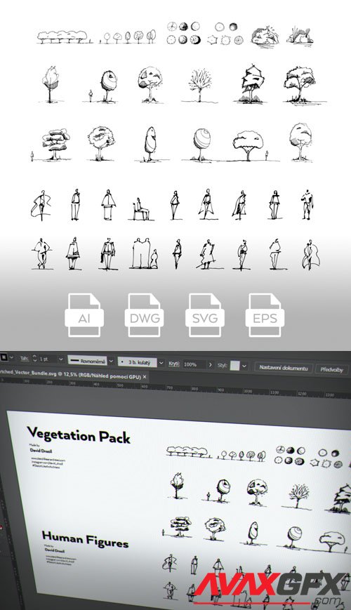 Hand-Sketched Vector Pack - Vegetation & Human Figures (+AutoCAD drawing DWG)