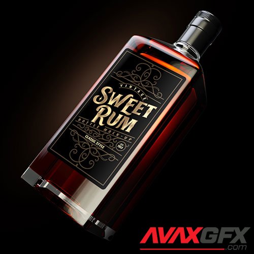 Square dark rum bottle mockup with label