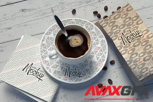 Mockup with a coffee cup composition with replaceable patterns