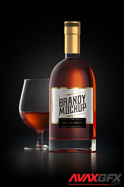 Mockup of a brandy glass bottle with label