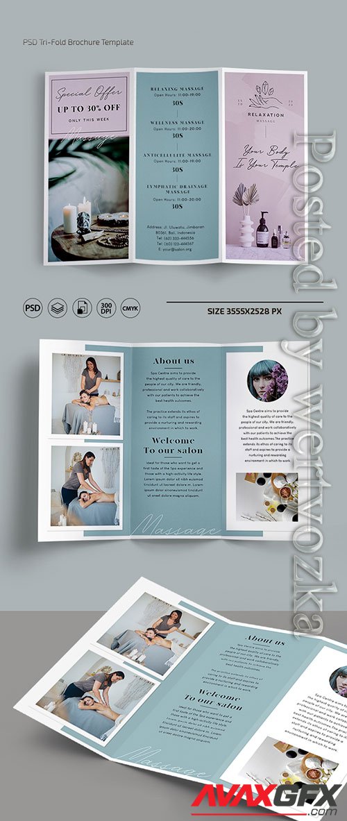 Massage trifold brochure templates in psd