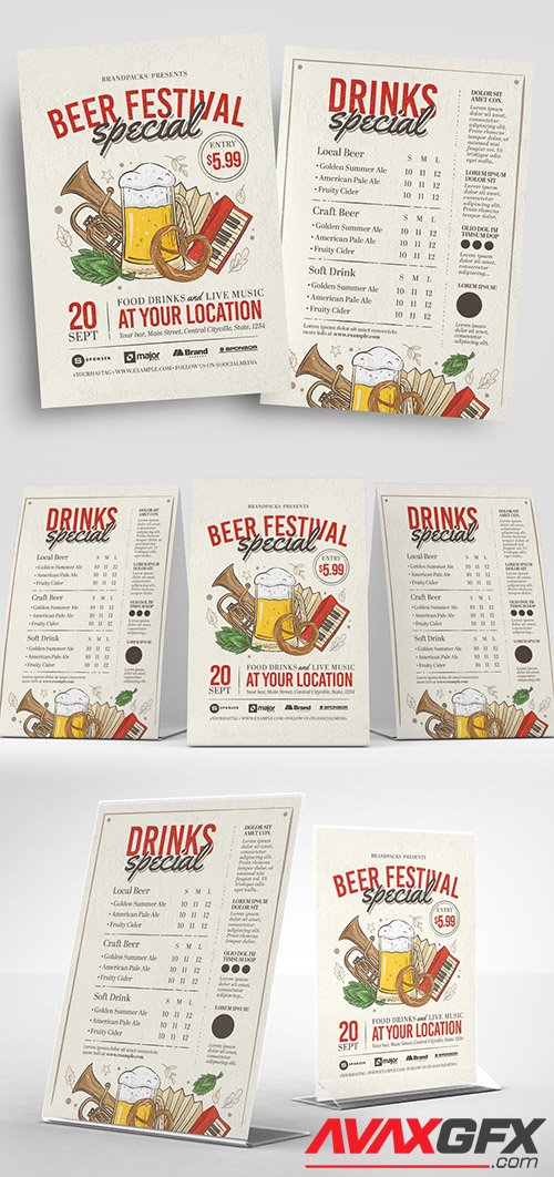 Beer Festival Flyer Layout with Beer and Musical Instrument Illustrations 329609738