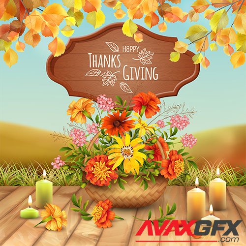 Thanksgiving card with a basket filled with autumn flowers and lighted candle