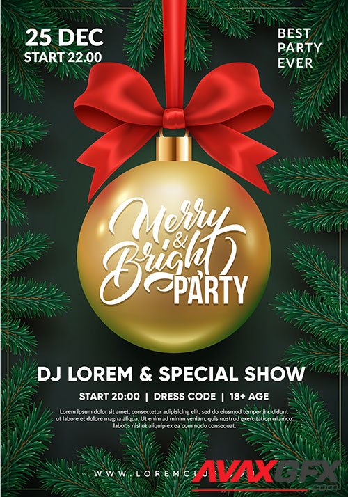 Christmas party flyer design, 3d christmas ball with red bow