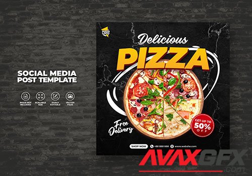 Food restaurant menu and delicious pizza for social media vector template