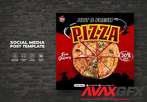 Food menu and delicious pizza restaurant for social media vector template