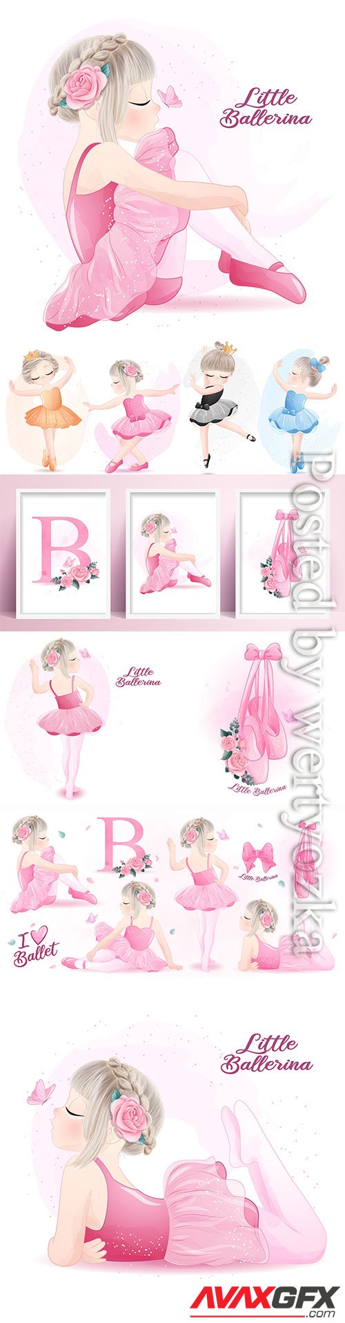 Cute girl ballerina watercolor illustration vector set