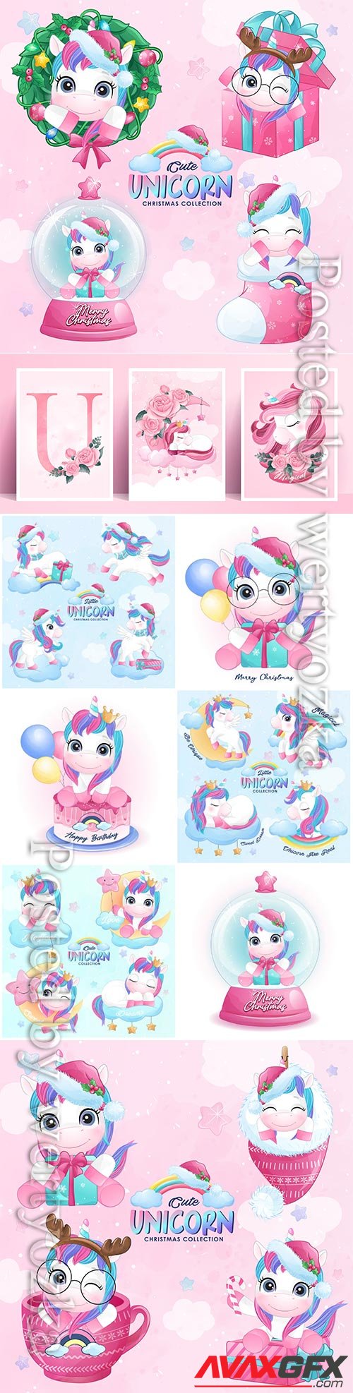 Cute doodle unicorn vector set in watercolor style