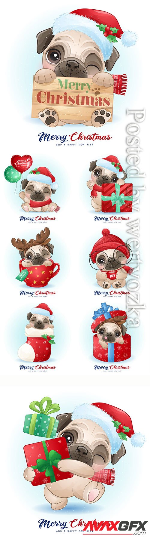 Cute doodle pug for christmas day with watercolor vector illustration