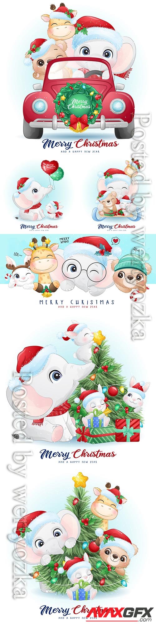 Cute doodle animals for christmas day with watercolor vector illustration