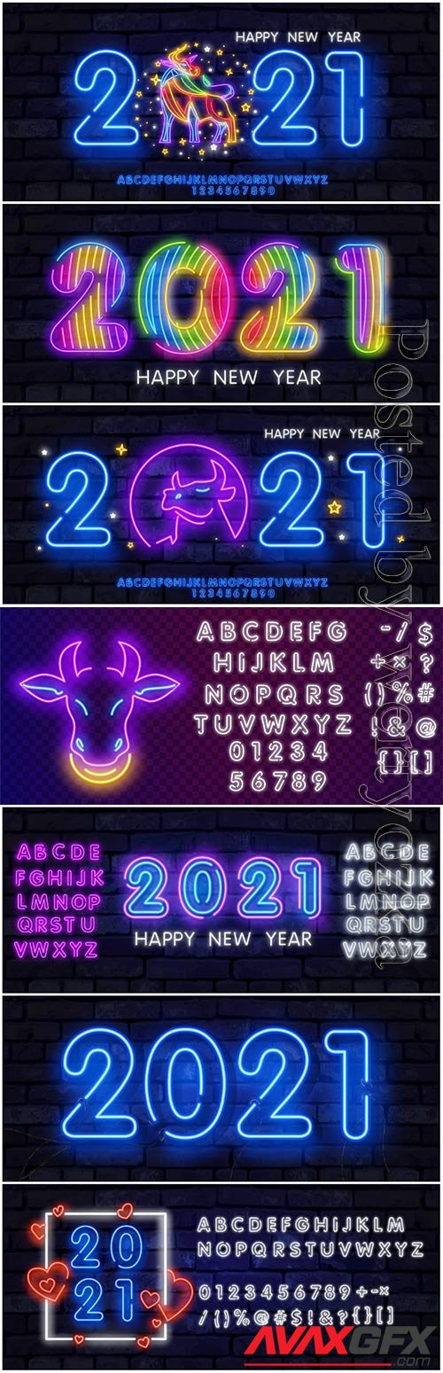 Colorful neon 2021 happy new year neon vector banner
