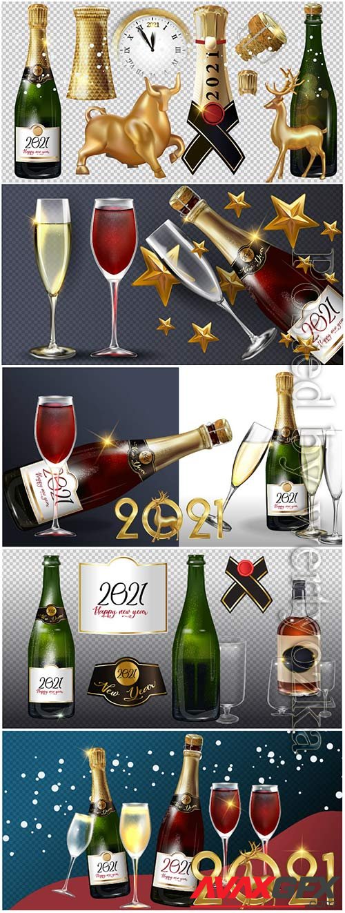 Happy new year 2021 a bottle of champagne on a transparent background