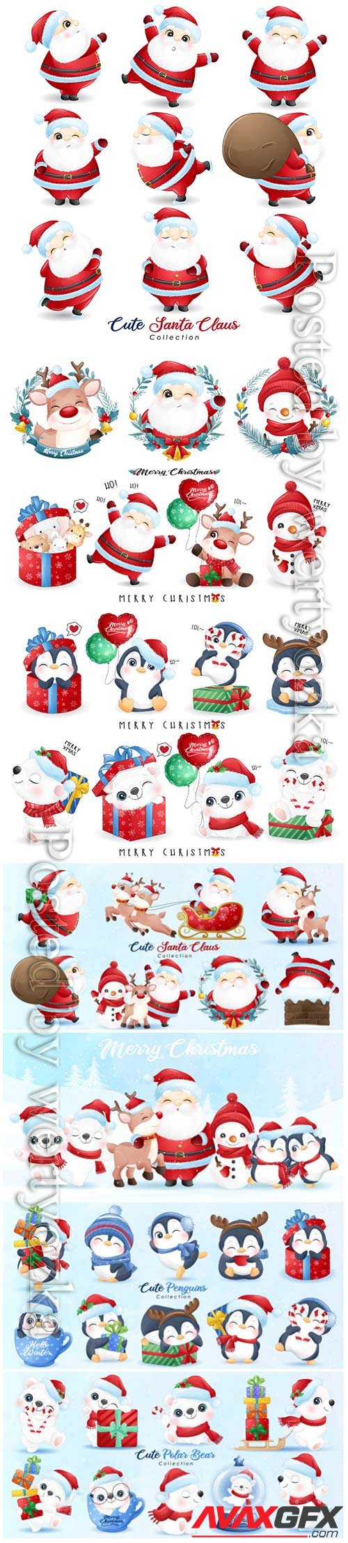 Cute santa claus and friends for christmas day with watercolor vector illustration