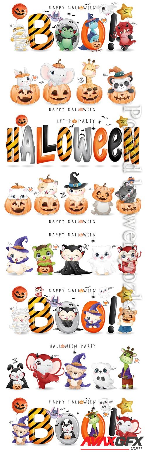 Cute animal for halloween day with watercolor vector illustration