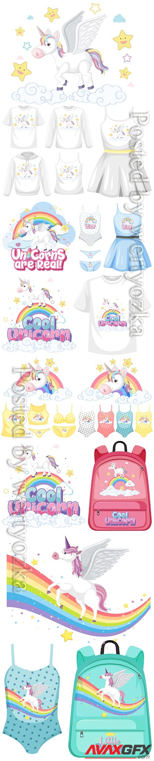 Set of girl outfits, cute unicorn premium vector