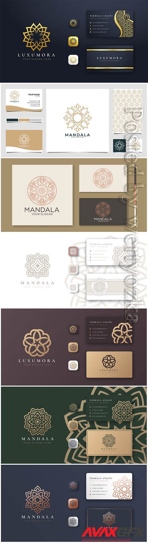 Golden mandala logo with business card premium vector