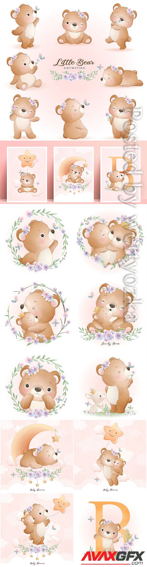 Cute doodle bear poses with floral set illustration premium vector