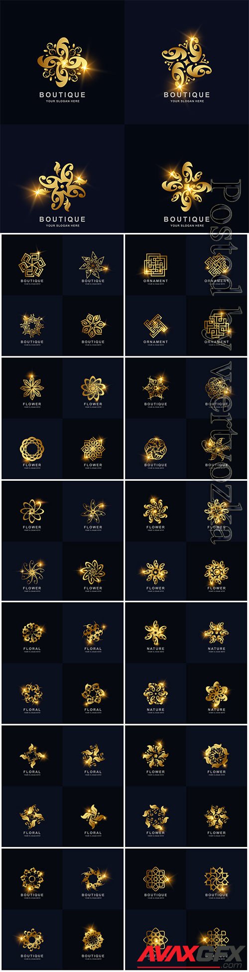 Abstract golden, flower, ornament, logo, set, vector, collection