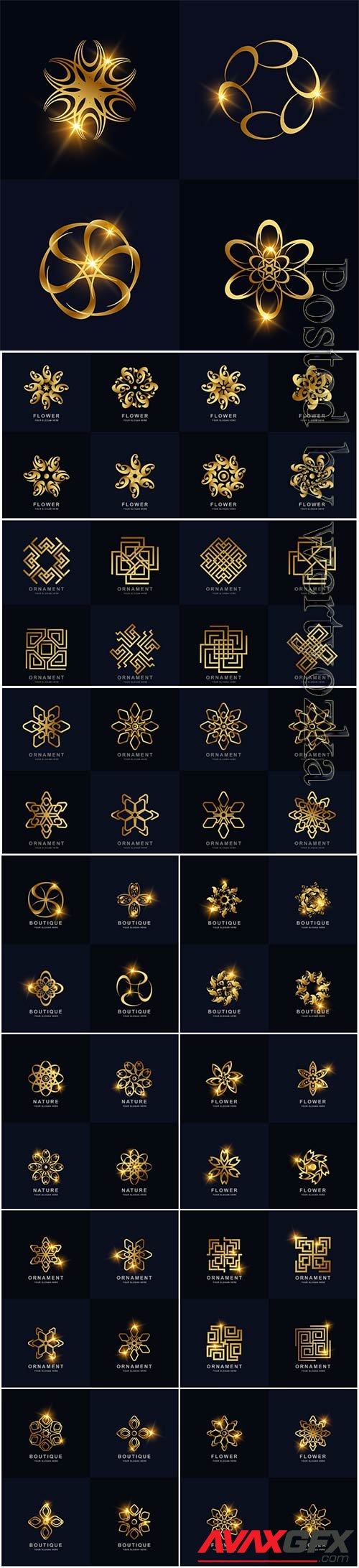 Abstract golden flower ornament logo set collection
