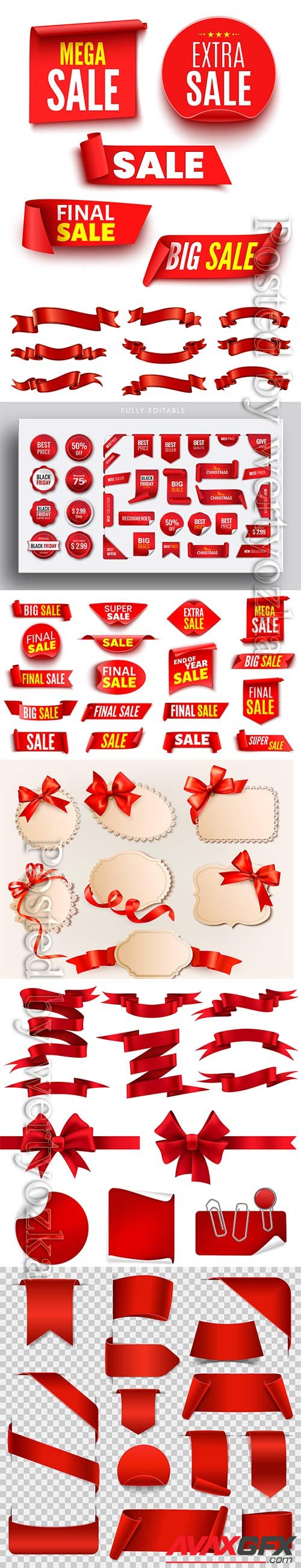 Red ribbon collection pack for event banners and price tag badges