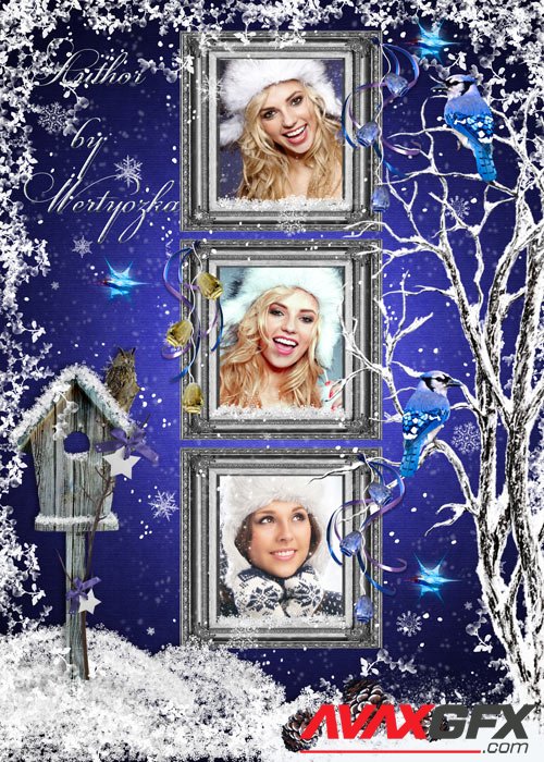 Christmas winter frame for three photos