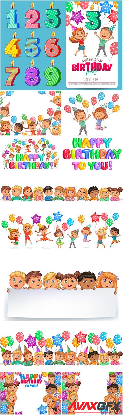 Happy birthday vector illustration, funny kids