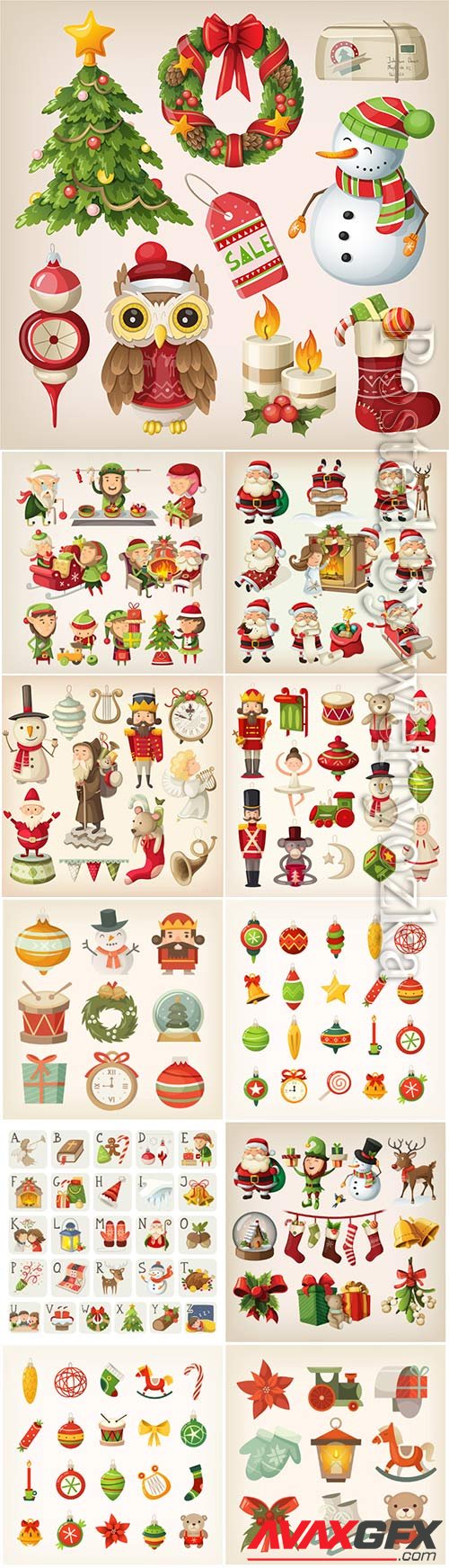 Set of christmas items and vector characters