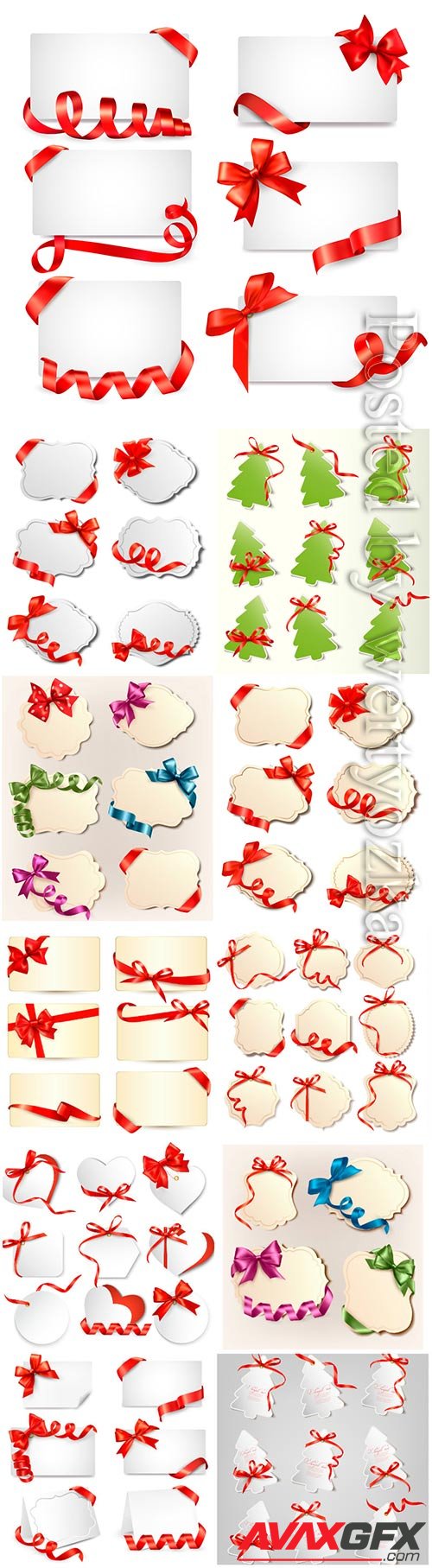 Set of gift vector cards with colorful gift bows with ribbons