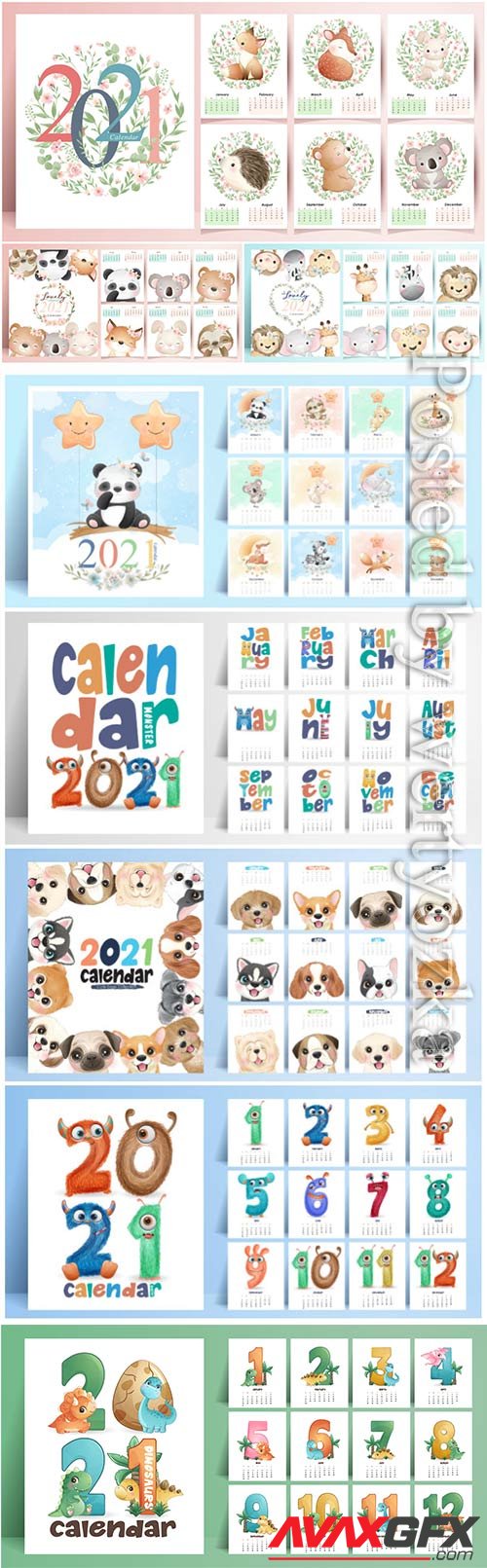 Cute animals calendar for year vector collection