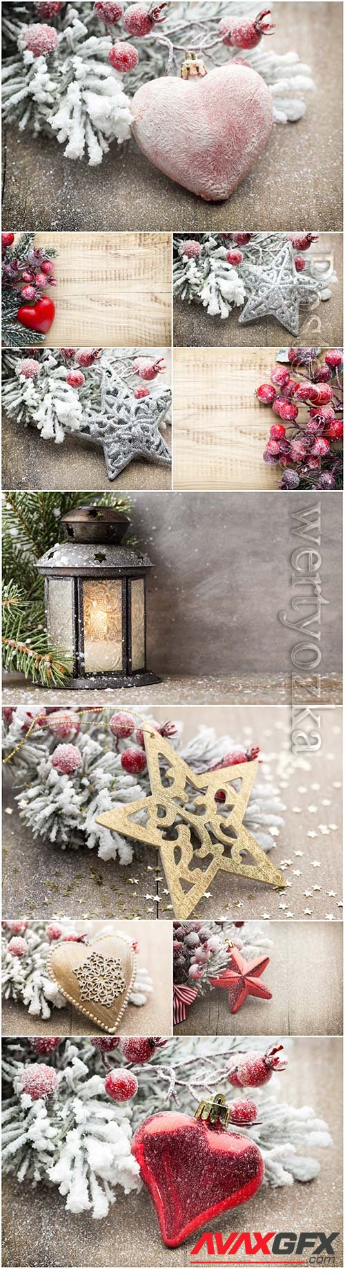 Christmas decoration with fir branches on the wood background