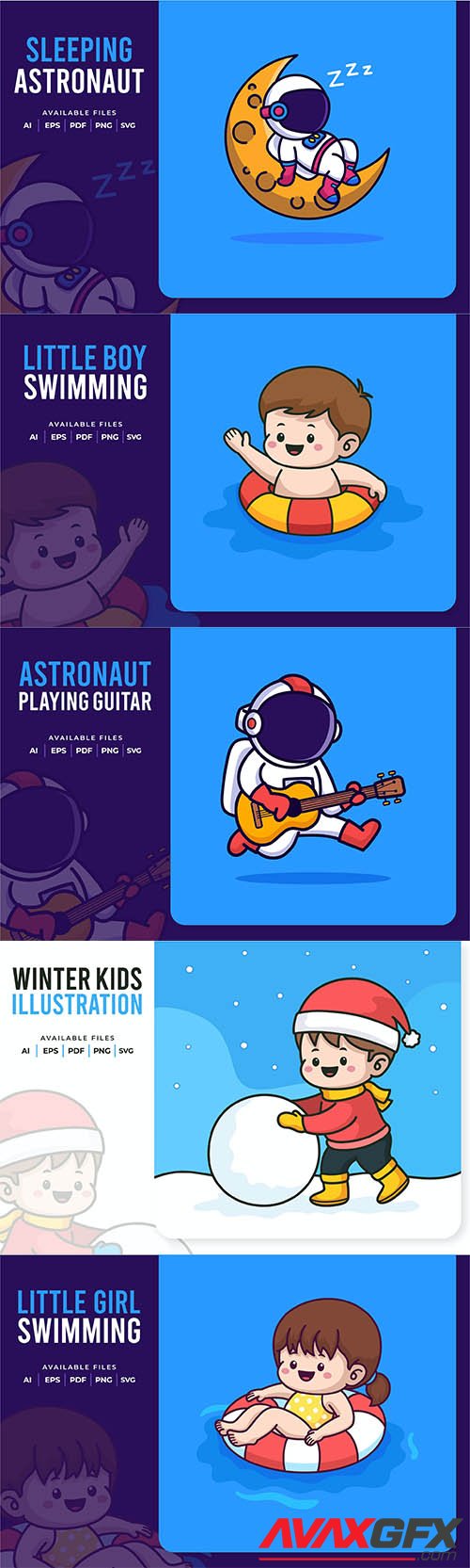 Little Boy, Girl and Austronaut Vector Illustrations