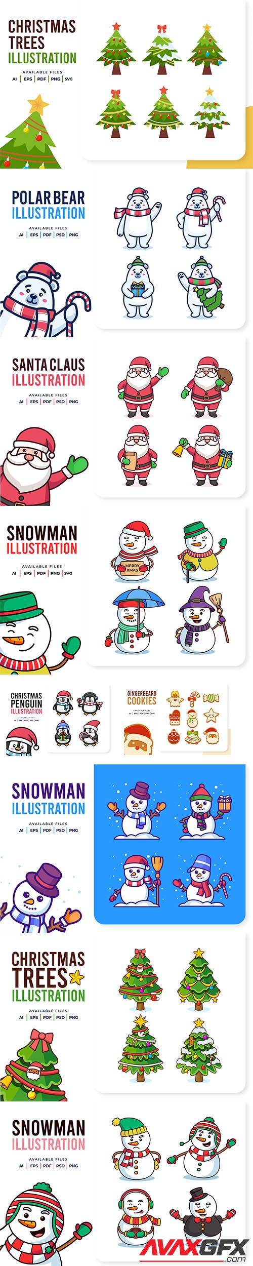 Christmas Collection of Santa Claus, Snowman and trees