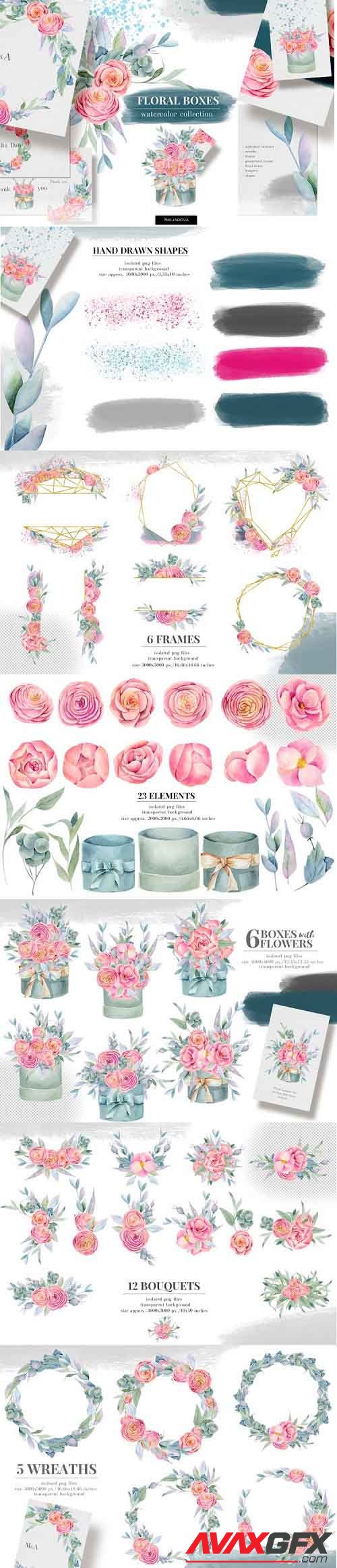 Floral boxes. Watercolor collection - 429165