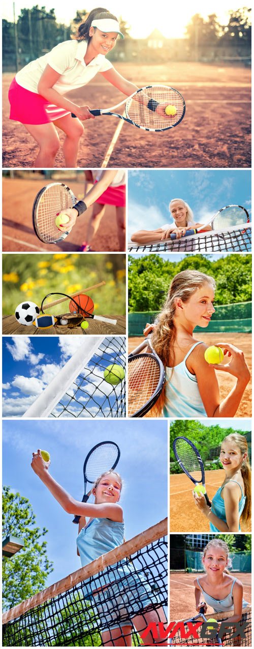 Girls playing tennis stock photo