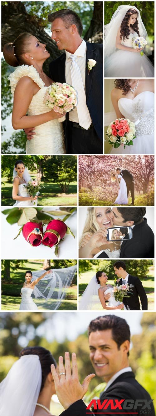 Happy bride and groom, marriage stock photo