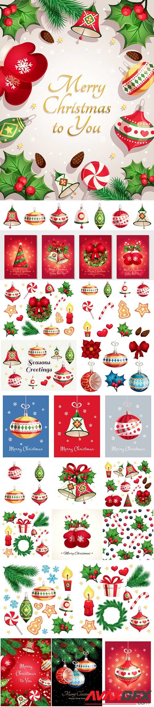 Merry christmas and happy new year card with decorative elements, christmas toys, bells, snowflakes and stars