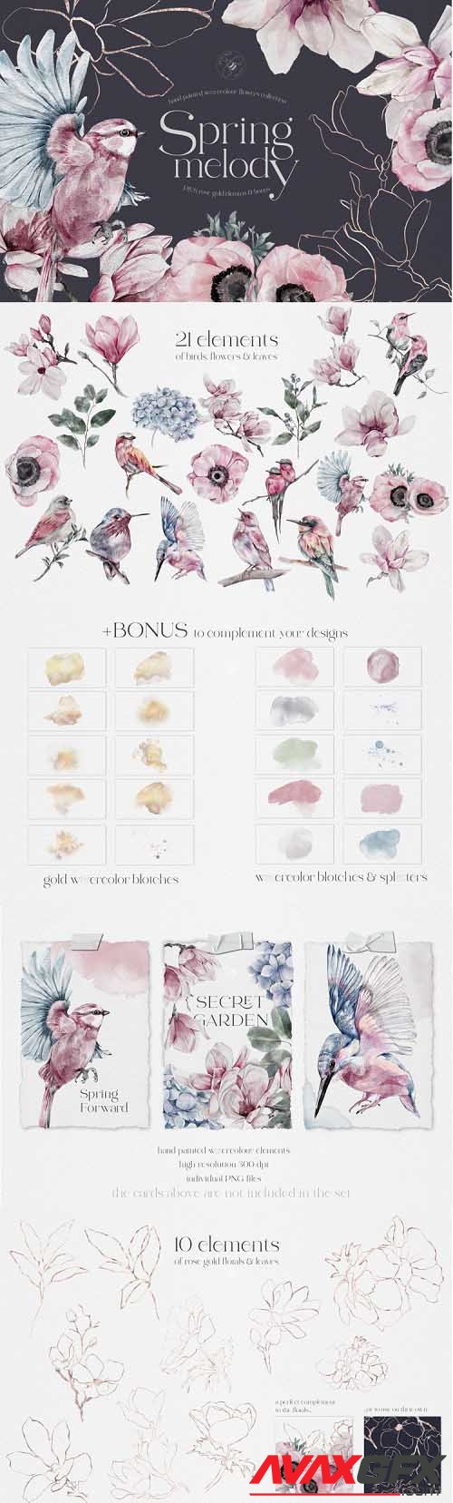 Watercolor Flowers and Birds Wedding Valentines Day PNG - 1136102
