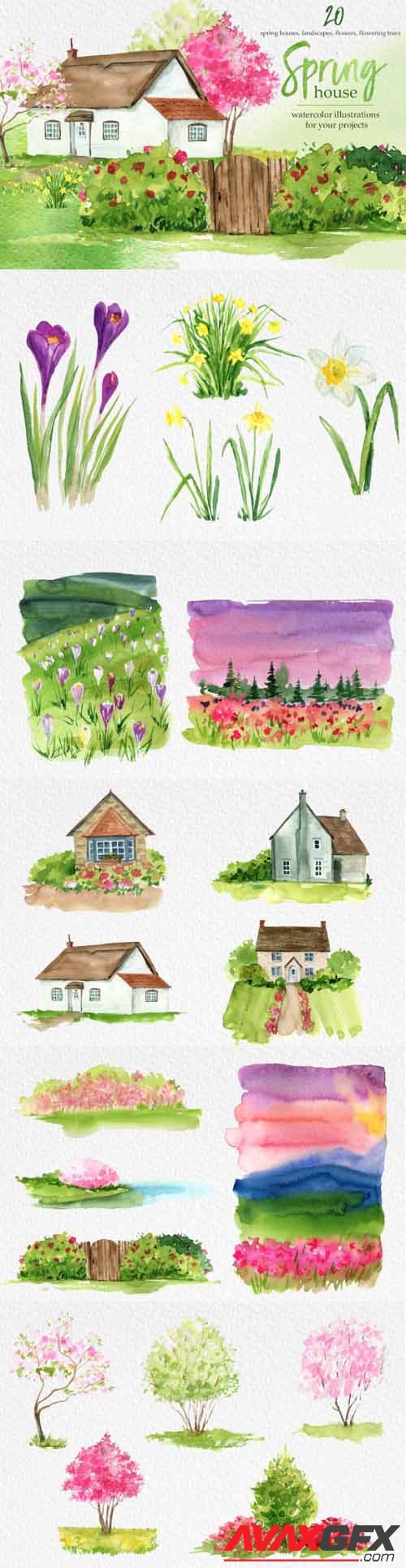 Watercolor Spring House Clipart