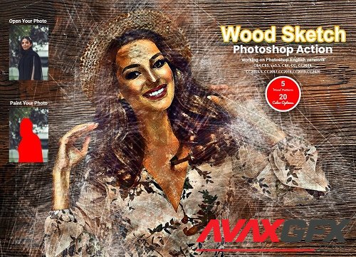 CreativeMarket - Wood Sketch Photoshop Action 5631877